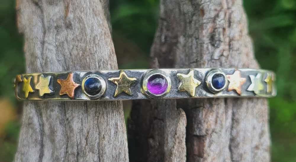 Cosmic Star Amethyst Multi-Metal Bangle - Skinny Medium